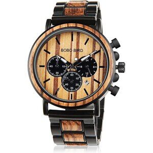 🆕Bobo Bird Quartz Men Black Wood & Stainless Steel Combined Chronograph Watches